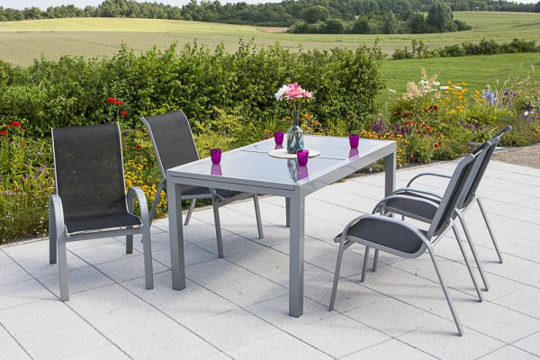 Merxx Amalfi Set 5-teilig, 4 Amalfi Stapelsessel, 1 Ausziehtisch 140 (200) x 90 cm, graue Glasplatte, silber/schwarz, 50339-317