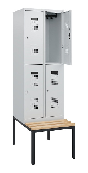C+P Doppelstöckiger Spind Evolo PLUS, Bank, 4 Fächer, 1950x600x815mm, 7035/7035, Zylinderschloss, Sitzfläche Buche-Hartholz, Sitzbank, 0493505-20 S10040