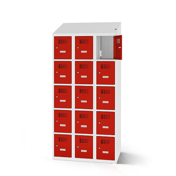 Rotstahl Fächerschrank, 15 Fächer, Stollenfüße, mit Ladefunktion, Schrägdach, Korpus: lichtgrau, Türen: verkehrsrot, 2180-030500-0902112-7035-3020