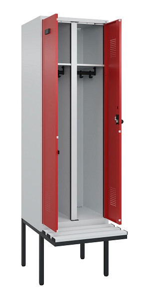 C+P Schwarz-Weiß-Spind Evolo PLUS, Bank, 2 Abteile, 2120x600x815mm, 7035/3000, Drehriegel, Material Sitzfläche Kunststoff, 0490427-20 S10057