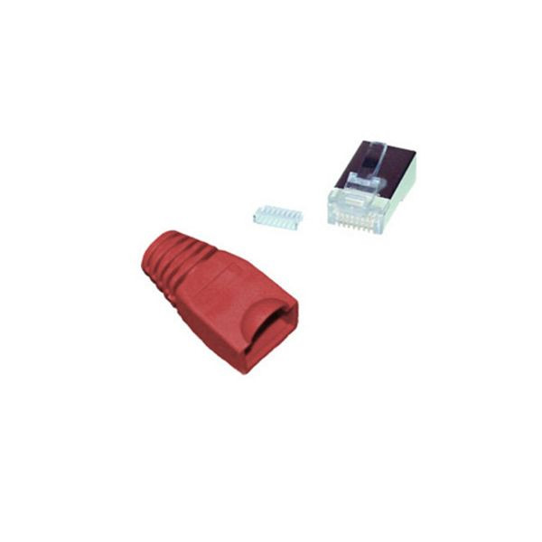 S-Conn Netzwerk-Modular Stecker cat5e cat6 8polig, 8 Kontakte belegt, geschirmt, vergoldete Kontakte, mit Einführhilfe und Tülle rot, 72057-R