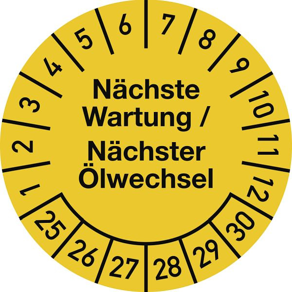 Moedel Prüfplakette Nächste Wartung/Nächster Ölwechsel 2025-2030, Dokumentenfolie, Ø30mm, VE: 10 Stück/Bogen, 106295