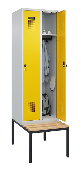 C+P Spind Evolo PLUS, 2 Abteil, 2120x600x815mm, 7035/1023, Drehriegel, Sitzfläche Buche-Hartholz, Sitzbank, 0490507-20 S10001