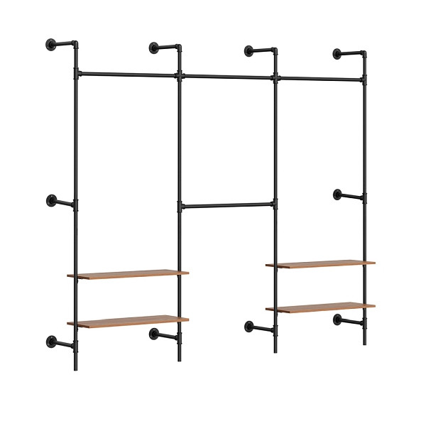 SoBuy Garderobenständer in Schwarz, Kleiderständer mit 6 festen Regalböden, Wandregal aus Metall und Holz, 265×48×220 cm, Tragkraft 120 kg, KLS19-SCH
