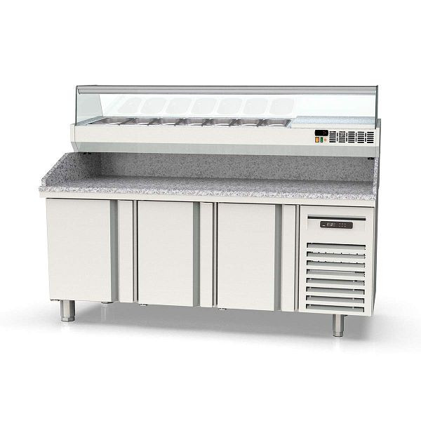 Vaiotec TOPLINE Pizzatisch 600 / 3-fach mit Türen, Granitplatte grau, inkl. Kühlaufsatz, GN 1/4, Breite: 2020 mm, 11624