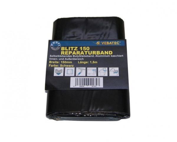 Vebatec Blitz Butyl Reparaturband Aluminium, Farbe: schwarz, 150mm x 1,5m, 125