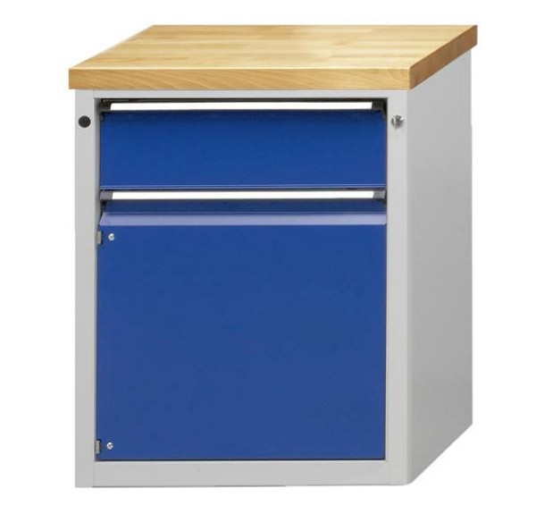 ANKE Werkbänke Beistellschrank; 665 x 650 x 890 mm; RAL 7035/5010; Buche-Massiv-Platte 40 mm; 1 Schublade 180 mm; 1 Tür 540 mm, 600.010