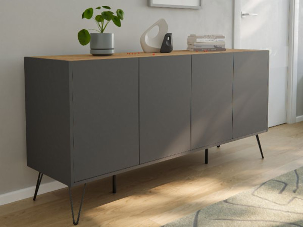 Posseik Sideboard Industrial H 155cm stehend 4 Türen Grafit/Eiche Top, PN2085X0000058DE
