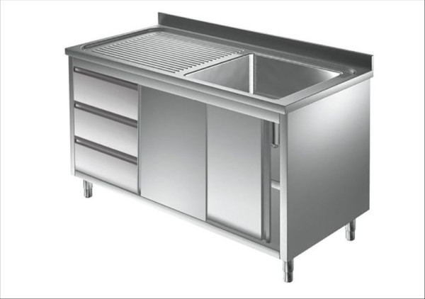 A&S Gastro Spülschrank mit Schubladenblock, 1 Becken rechts, Bautiefe 600 mm, 100x600x850 mm, SPSCH1061BR-S
