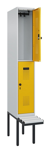 C+P Doppelstock-Spind Evolo PLUS, Bank, 2 Fächer, 2120x300x815mm, 7035/1004, Drehriegel, Sitzfläche Kunststoff, 0493407-10 S10081
