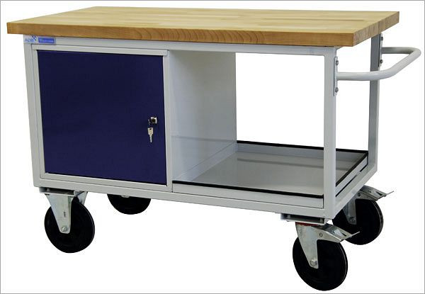 ADB Mobile Werkbank "Typ Tischwagen" mit 1 Tür, Ablageboden, 840x1300x600 mm, Tischwagen: lichtgrau, RAL 7035, Tür/Schubladen: Lichtblau (RAL 5012), 42743