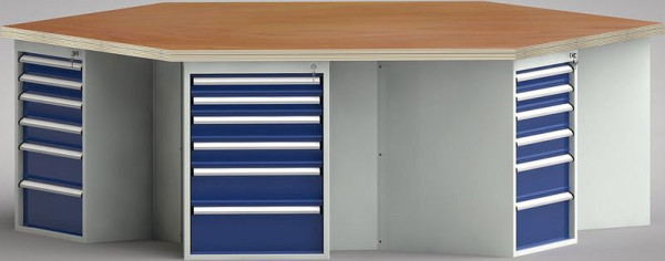 KLW PROFI-Werkbank in Sechseckform (ERGO-Version) mit Buchen-Multiplexplatte in 6-Eck-Form 2338 x 2700 x 45 mm L x B x S, WP620E-1350M45-E8003
