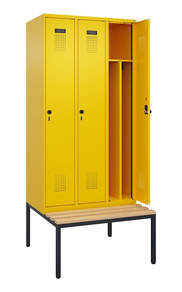 C+P Spind Evolo PLUS, 3 Abteile, 2120x900x815mm, 1023/1023, Haken 4, Drehriegel, Sitzfläche Buche-Hartholz, Sitzbank, 0490507-30F S10022