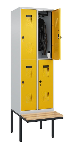 C+P Doppelstock-Spind Evolo PLUS, Bank, 4 Fächer, 2120x600x815mm, 7035/1004, Drehriegel, Sitzfläche Buche-Hartholz, 0493407-20 S10000