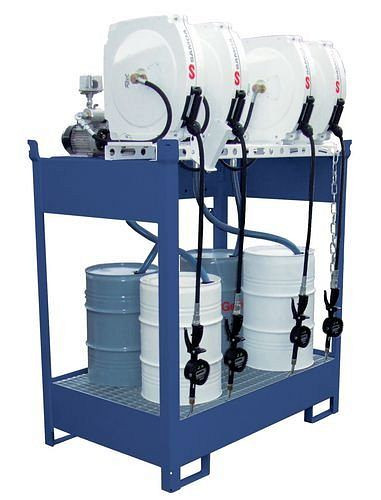 DENIOS Ölstation EPO-4-Z, Wanne, 4 elektrische Fasspumpen, Schlauchaufroller geschlossen 10 m, 201608