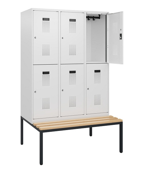 C+P Doppelstöckiger Spind Evolo PLUS, Bank, 6 Fächer, 1950x1200x815mm, 9016/9016, Zylinderschloss, Sitzfläche Buche-Hartholz, Sitzbank, 0493505-32 S10054