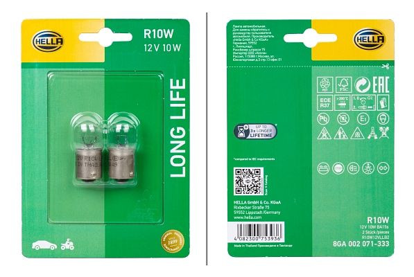 HELLA Halogen-Glühlampe, R10W, Long Life up to 3x longer lifetime, 12V, 10W, Sockelausführung Glühlampe: BA15s, Blister, VE: 2 Stück, 8GA 002 071-333