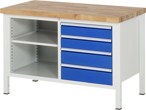 RAU Werkbank Serie 8000 - Gestell-Bauweise (Schweißgestell), 4 x Schublade, 1 x Fachboden, 1250x840x700 mm, 03-8463A2-127B4S.11
