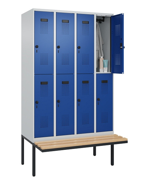 C+P Doppelstock-Spind Evolo PLUS, Bank, 8 Fächer, 2120x1200x815mm, 7035/5010, Drehriegel, Sitzfläche Buche-Hartholz, 0493407-40 S10006