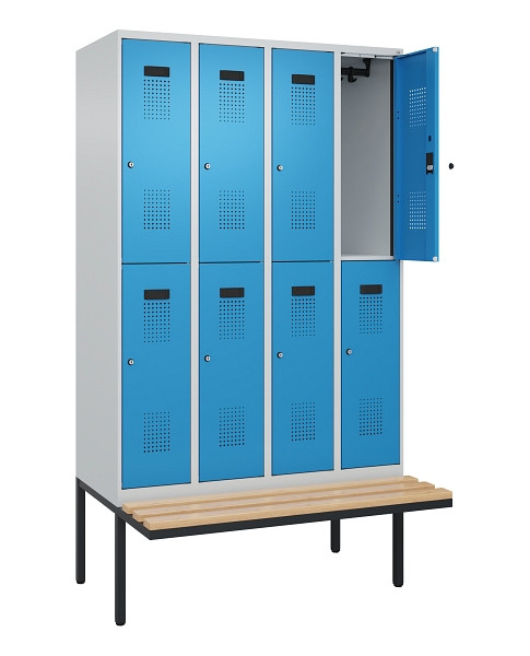 C+P Doppelstock-Spind Evolo PLUS, Bank, 8 Fächer, 2120x1200x815mm, 7035/5012, Zylinderschloss, Sitzfläche Buche-Hartholz, 0493407-40 S10034