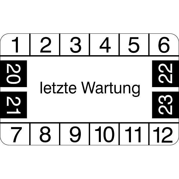 SafetyMarking Prüfplakette, letzte Wartung, Prüfzeitraum: 20-23, BxH 4x2,5 cm, Folie, selbstklebend, VE: 12 Stück/Bogen, 30.3799-20-23