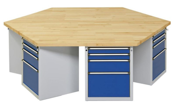 ANKE Werkbänke 6-Eck-Gruppenwerkbank; 6 Arbeitsplätze; 2340x2700x900 mm; RAL 7035/5010; Buche-Massiv-Platte 50 mm; Kantenlänge 1350 mm, 440.506