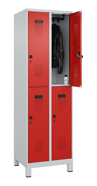 C+P Doppelstöckiger Spind Evolo PLUS, mit Füßen, 4 Fächer, 1950x600x500mm, 7035, Frontfarbe RAL 3020 Verkehrsrot, Drehriegel, 049310-20 S10005