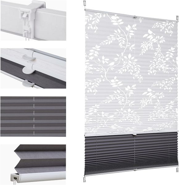 Sekey Plissee Day+Night Verdunkelung ohne Bohren verspannt Lichtschutz, Ausbrenner Muster 75 x 120 cm Druck & Grau, BL-8011