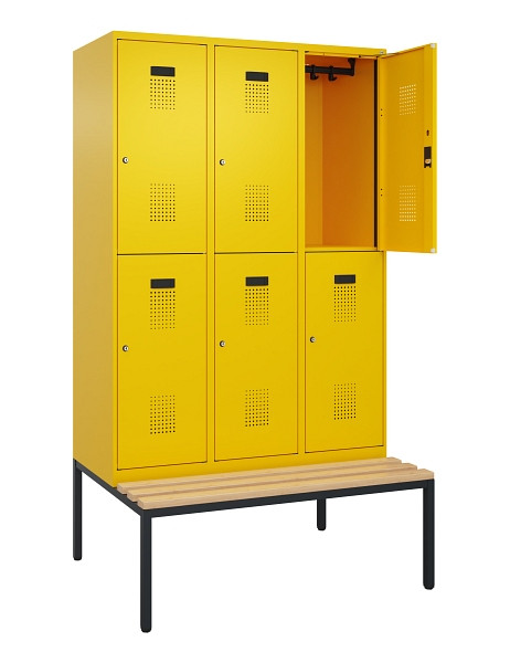 C+P Doppelstock-Spind Evolo PLUS, Bank, 6 Fächer, 2120x1200x815mm, 1023/1023, Zylinderschloss, Sitzfläche Buche-Hartholz, Sitzbank, 0493507-32 S10049