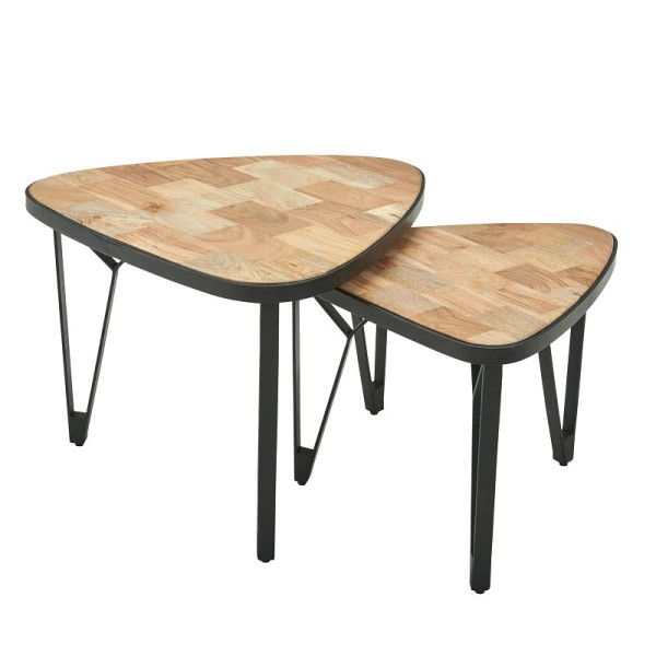 Wohnling Design Couchtisch 2er Set Mango/Akazie Massivholz, Dreieckig, mit Metallbeine, 2-teilig, WL6.348