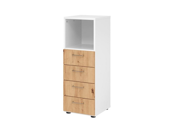 Hammerbacher Schubladenschrank 3OH, 4 Schübe 934S4 BS, Korpus: Weiß / Front: Asteiche, 40x41,7x110 cm (BxTxH), 4 Schubkästen, Metallgriff BS, V934S4/W/R/BS