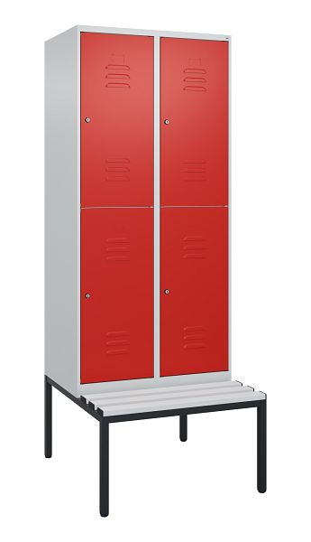 C+P Doppelstöckiger Spind Classic PLUS, 2 Abteile, 2120x800x815mm, 7035/3020, Zylinderschlösser, mit untergebauter Sitzbank, 0803507-22 S10017