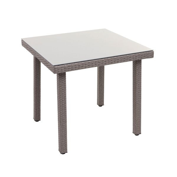 Mendler Poly-Rattan Gartentisch Cava, Esstisch Beistelltisch Tisch mit Glasplatte, 80x80cm, grau, 71998
