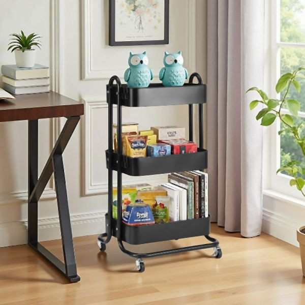 HOME NATURE WOHNKONZEPT Küchenrollwagen mit 3 Ebenen Schwarz, platzsparender Rollwagen für Küche, Bad und Haushalt, 80x40x44cm, HN0172