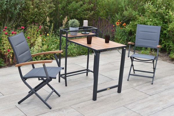 Merxx Paxos Set 3-teilig, 2 Paxos Klappsessel, gepolstert, graphit/grau, 1 Balkonklappentisch, Tischplatte aus Akazienholz, 51070-307