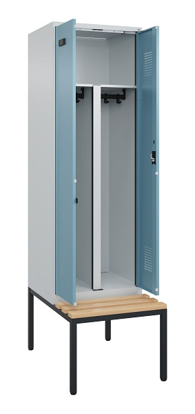 C+P PSA Doppel-Spind Evolo PLUS, Bank, 2 Abteile, 2120x600x815mm, 7035/0010, Zylinderschloss, Sitzfläche Buche-Hartholz, Sitzbank, 0490527-20P S10036