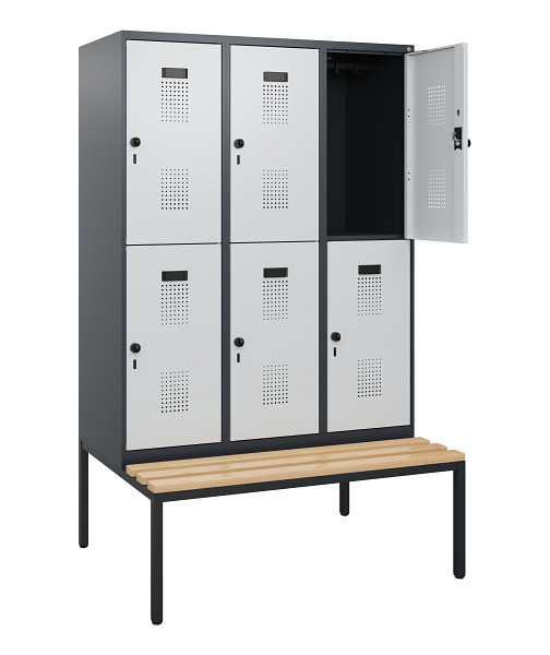 C+P Doppelstöckiger Spind Evolo PLUS, Bank, 6 Fächer, 1950x1200x815mm, 7016/7035, Drehriegel, Sitzfläche Buche-Hartholz, Sitzbank, 0493505-32 S10017