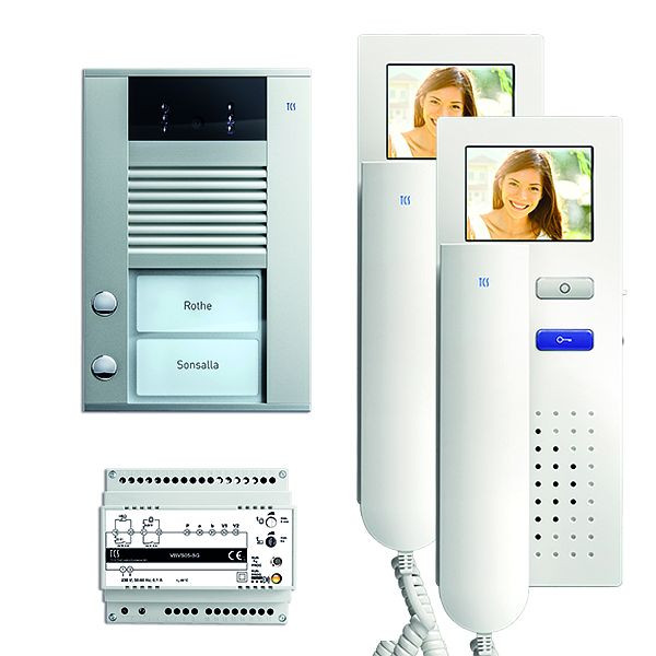TCS Türkontrollsystem video:pack AP für 2 Wohneinheiten, mit Außenstation AVD 2 Klingeltasten, 2x Video Türtelefon IVH3222, Steuerung, PVE1520-0010