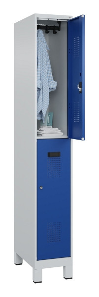 C+P Doppelstöckiger Spind Evolo PLUS, mit Füßen, 2 Fächer, 1950x300x500mm, 7035, Frontfarbe RAL 5010 Enzianblau, Zylinderschloss, 049310-10 S10033
