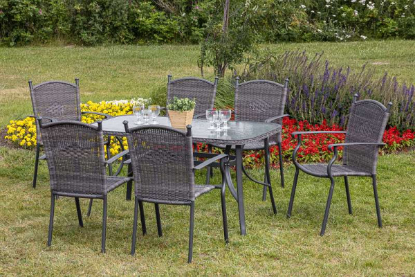 Merxx Roma Set 7-teilig, 6 Stapelsessel, 1 Tisch 150 x 80 cm, Glasplatte mit Geflechtrand, graphit/grau, Aluminiumgestell mit Kunststoffgeflecht, 50393-209