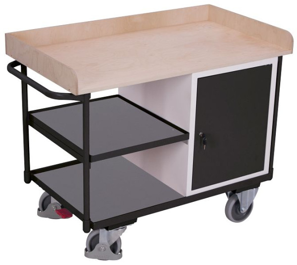 VARIOfit Werkstattwagen mit 3 Ladeflächen, Außenmaße: 1.220 x 640 x 955 mm, RAL 7016 anthrazitgrau, mit verschließbarer Flügeltür, sw-600.610/AG