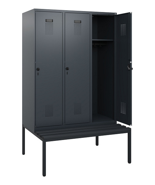 C+P Spind Evolo PLUS, 3 Abteile, 1950x1200x815mm, 7016/7016, Drehriegel, Sitzfläche Kunststoff, Sitzbank, 0490505-32 S10070