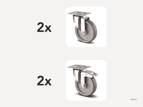 Kongamek Rollenset, 4 Lenkrollen 2 davon mit Bremse, Grau 200mm, Ersatzrollen aus thermoplastischem Gummi, 145-3