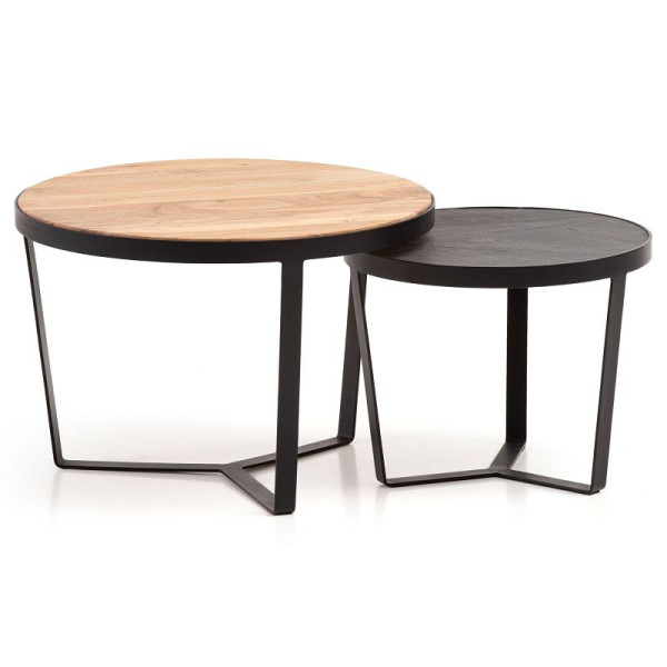 Wohnling Couchtisch 2er Set Akazie Massivholz/Steinoptik Wohnzimmertisch Rund, Satztisch mit Metallgestell, Kaffeetisch Modern, Braun/Anthrazit, WL6.765