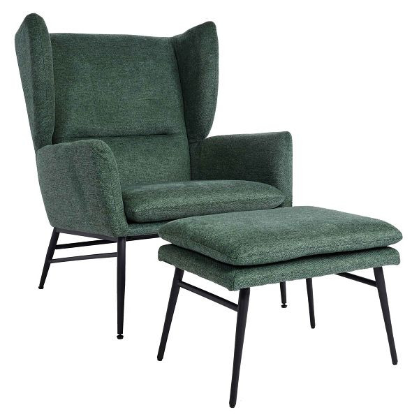 Mendler Lounge-Sessel mit Ottomane HWC-L62, Sessel Polstersessel Cocktailsessel Hocker, Stoff/Textil, grün, 117258+117261