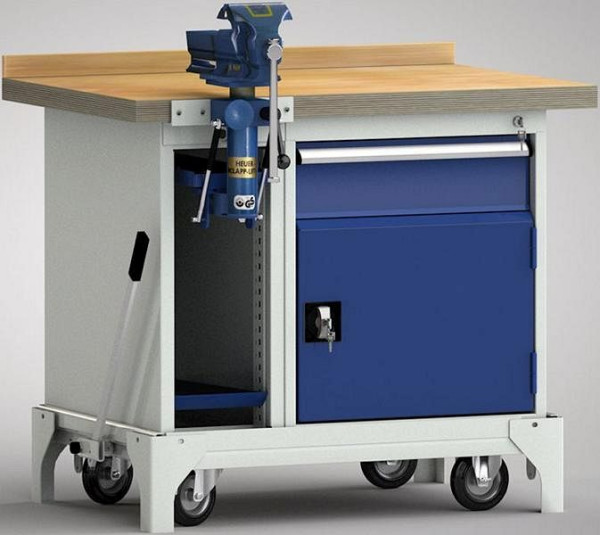 KLW Fahrbare Standard-Werkbank - 1000 x 700 x 866 mm L x B x H, links Schraubstockschrank, rechts 150EA/Türe, WS795N-1000M40-E7038