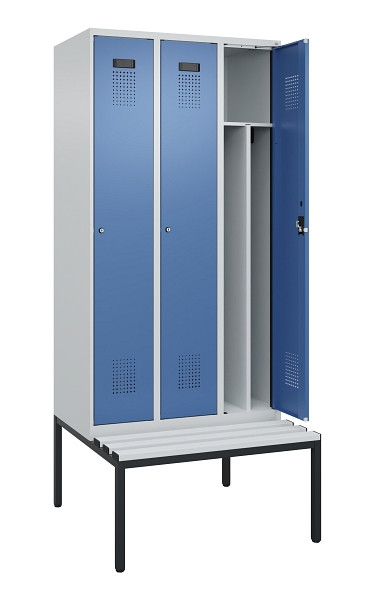 C+P Spind Evolo PLUS, 3 Abteile, 2120x900x815mm, 7035/5023, Haken 4, Zylinderschloss, Sitzfläche Kunststoff, Sitzbank, 0490507-30F S10089