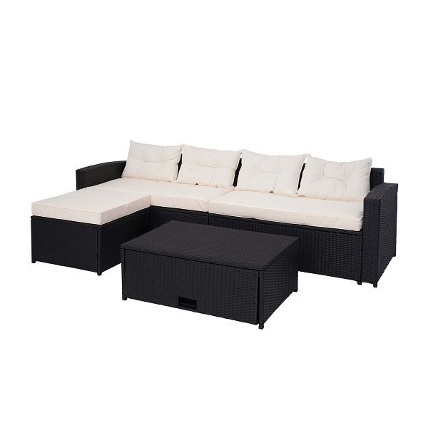 Mendler Poly-Rattan Garnitur HWC-J34, Balkon-/Garten-/Lounge-Set Sitzgruppe Sofa, Staufach, schwarz, Kissen creme-beige, 77084+77085+77086