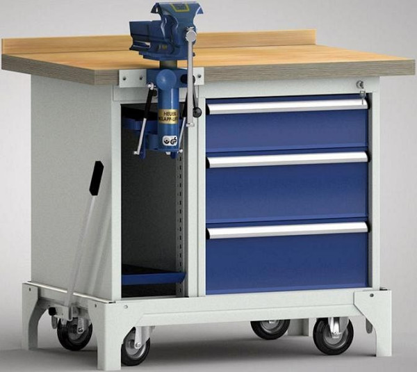 KLW Fahrbare Profi-Werkbank - 1000 x 700 x 871 mm L x B x H, links Schraubstockschrank, rechts 150EA/2x200EA, WP795N-1000M45-E7037