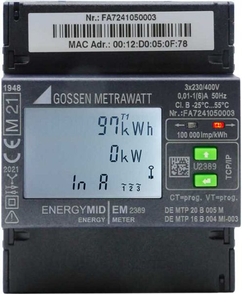 Gossen Metrawatt ENERGYMID EM2389-V047 - Multifunktionaler Energiezähler mit TCP Schnittstelle, geeignet für Drittmengenerfassung, U2389-V047